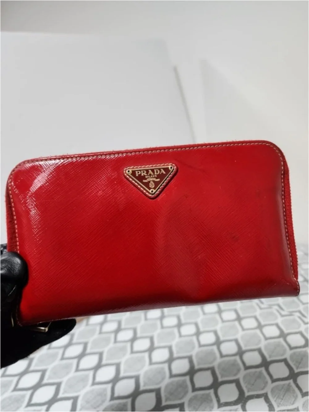 Authentic PRADA Patent Saffiano Triangle Large Zip Around Travel Wallet Red